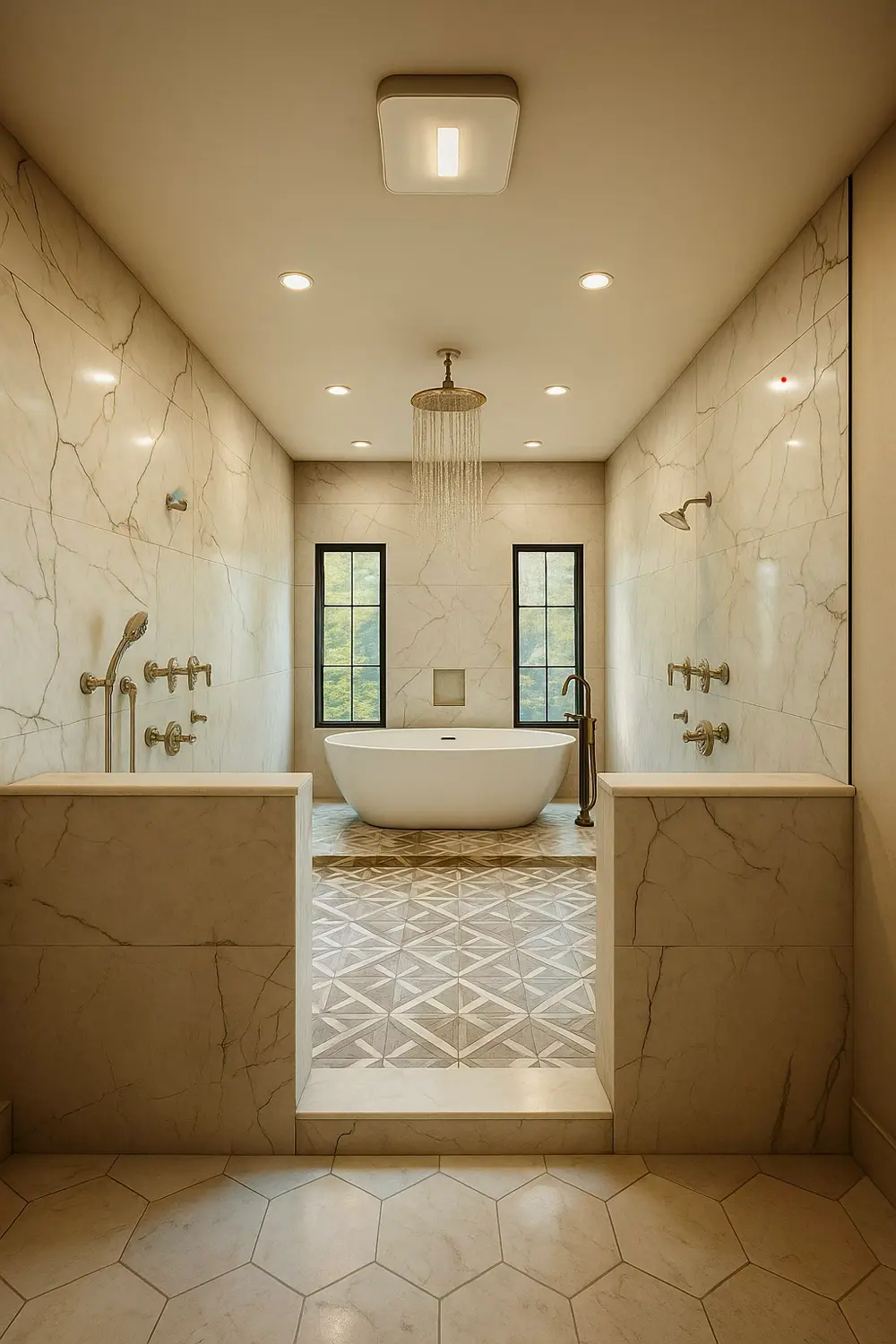 Marble master bath with freestanding tub, dual shower heads, and hexagonal stone floor by ARS Home Improvement