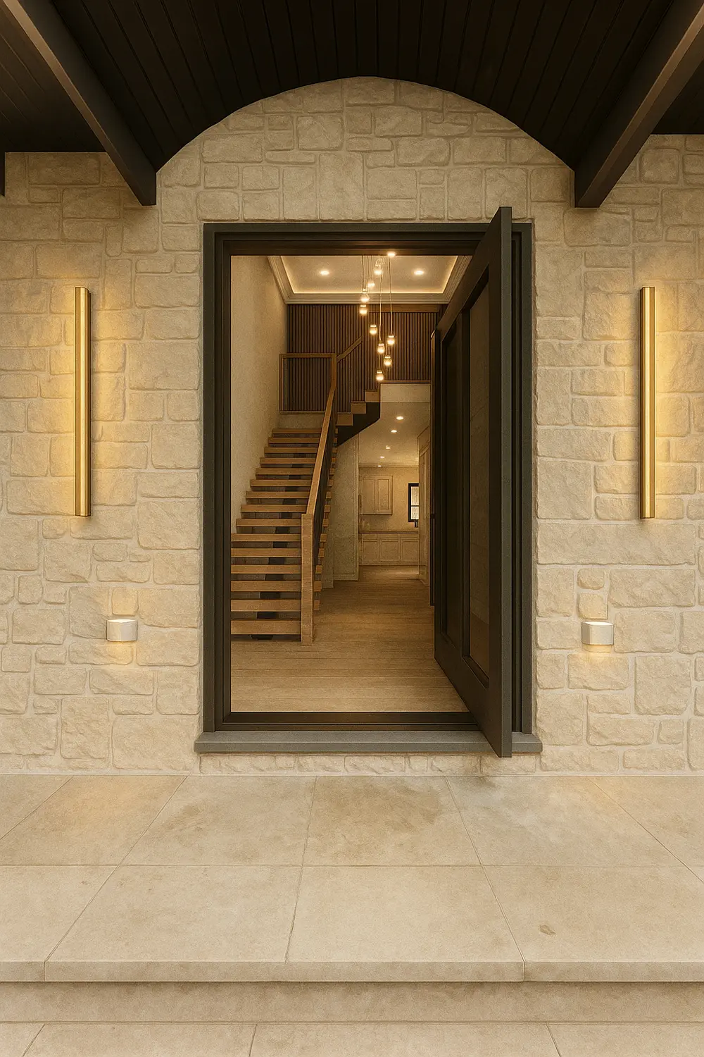 Custom stone-clad entry with oversized pivot door and floating staircase visible inside, built by ARS Home Improvement